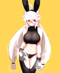 Rule 34 | ahoge, animal ears, bandaged arm, bandages, bare shoulders, black gloves, black leggings, black sports bra, breasts, character request, clothing cutout, contrapposto, cowboy shot, crop top, dungeon and fighter, fake animal ears, fingerless gloves, glasses, gloves, gluteal fold, highres, hwaryeok, large breasts, leggings, long hair, low twintails, midriff, navel, panties, rabbit ears, red-framed eyewear, red eyes, simple background, smile, sports bra, standing, thigh cutout, thigh gap, twintails, underwear, white hair, yellow background