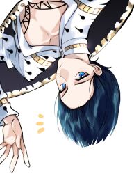 Rule 34 | 1boy, blue eyes, blue hair, bruno bucciarati, chest tattoo, cleavage cutout, closed mouth, clothing cutout, collared shirt, commentary, english commentary, expressionless, hand up, high collar, highres, jojo no kimyou na bouken, light frown, long sleeves, looking at viewer, male focus, notice lines, palms, pectoral cleavage, pectorals, shirt, short hair, simple background, solo, tattoo, tiyi (tiyi a09), upper body, upside-down, vento aureo, white background, white shirt, zipper