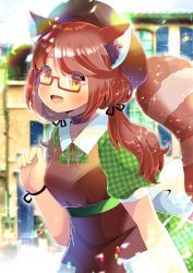 Rule 34 | 1girl, :d, animal ear fluff, animal ears, apron, beret, black ribbon, blurry, blurry background, blush, brown apron, brown eyes, brown hair, brown hat, collared dress, depth of field, dress, glasses, green dress, hair ribbon, hand up, hat, inaba tomoko, indie virtual youtuber, kou hiyoyo, long hair, looking at viewer, low twintails, neck ribbon, open mouth, plaid, plaid dress, puffy short sleeves, puffy sleeves, raccoon ears, raccoon girl, raccoon tail, red-framed eyewear, red ribbon, ribbon, semi-rimless eyewear, short sleeves, smile, solo, striped tail, tail, tail raised, twintails, under-rim eyewear, virtual youtuber
