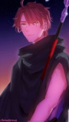 Rule 34 | 1boy, ahoge, artist request, black cape, cape, closed mouth, commentary, fate/prototype, fate (series), green eyes, hair between eyes, holding, holding scythe, holding weapon, looking at viewer, male focus, night, night sky, perseus (fate), polearm, purple hair, scythe, signature, sky, solo, star (sky), star (symbol), starry background, starry sky, weapon