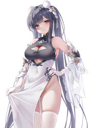 Rule 34 | 1girl, absurdly long hair, absurdres, azur lane, bare shoulders, blush, breasts, china dress, chinese clothes, classic (zildjian33), cleavage, cleavage cutout, closed mouth, clothes grab, clothing cutout, commentary request, covered navel, cutout above navel, detached sleeves, dress, gloves, hair ornament, hand on own hip, highres, large breasts, long hair, looking at viewer, no panties, pelvic curtain, peter strasser (azur lane), peter strasser (lustrous jade of the golden house) (azur lane), pom pom (clothes), pom pom hair ornament, red eyes, simple background, smile, solo, thighhighs, thighs, twintails, very long hair, white background, white gloves, white thighhighs, wide sleeves