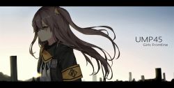 Rule 34 | 1girl, armband, bad id, bad pixiv id, black ribbon, blush, brown eyes, brown hair, cityscape, floating hair, from side, girls&#039; frontline, hair between eyes, hair ornament, highres, hood, hood down, hooded jacket, jacket, letterboxed, long hair, looking at viewer, nahu (nahu6465), neck ribbon, one side up, parted lips, ribbon, scar, scar across eye, scar on face, scarf, shirt, sunrise, ump45 (girls&#039; frontline), white shirt, wind