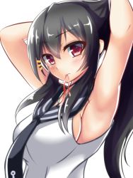 Rule 34 | 10s, 1girl, adjusting hair, anchor symbol, armpits, arms behind head, arms up, artist name, bare arms, black hair, blush, breasts, character name, female focus, kantai collection, large breasts, looking at viewer, loussier666, mouth hold, necktie, red eyes, school uniform, serafuku, shirt, sideboob, simple background, sleeveless, sleeveless shirt, solo, tying hair, upper body, white background, yahagi (kancolle)