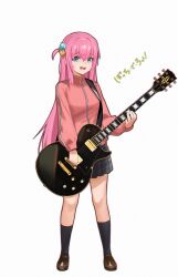 Rule 34 | 1girl, absurdres, black skirt, black socks, blue eyes, bocchi the rock!, brown footwear, commentary, copyright name, crossed bangs, cube hair ornament, electric guitar, full body, gibson les paul, gotoh hitori, guitar, hair between eyes, hair ornament, highres, holding, holding instrument, instrument, jacket, loafers, long hair, long sleeves, looking at viewer, nervous, one side up, open mouth, pink hair, pink jacket, shoes, simple background, skirt, socks, solo, standing, starcat, sweatdrop, track jacket, white background