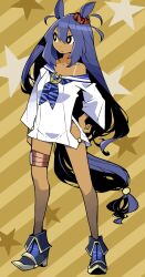 Rule 34 | 1girl, animal ears, arms at sides, black eyes, blue hair, blue neckerchief, blue sailor collar, boots, closed mouth, commentary, dark-skinned female, dark skin, dowman sayman, ear scrunchie, expressionless, full body, hand on own hip, high heel boots, high heels, highres, hip vent, hishi amazon (umamusume), horse ears, horse girl, horseshoe ornament, light frown, long hair, long sleeves, looking to the side, low-tied long hair, neckerchief, no panties, no pants, off shoulder, print neckerchief, sailor collar, shirt, solo, standing, star (symbol), starry background, striped, striped background, tan, tanline, thigh strap, umamusume, very long hair, white shirt, yellow background, yellow pupils