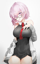 Rule 34 | 1girl, black dress, breasts, dress, fate/grand order, fate (series), glasses, grey jacket, hair between eyes, hand on breast, hand on lap, highres, jacket, jacket on shoulders, lielac, looking at viewer, mash kyrielight, medium breasts, necktie, open mouth, pink eyes, pink hair, seiza, short dress, short hair, sitting, solo, white background