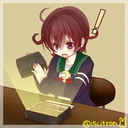 Rule 34 | !, 15citron, 1girl, blue jacket, box, brown hair, chair, commentary request, crescent, crescent pin, fish (food), gradient hair, green sailor collar, grilled eel, jacket, kantai collection, light, multicolored hair, mutsuki (kancolle), mutsuki kai ni (kancolle), neckerchief, one-hour drawing challenge, open mouth, red hair, red neckerchief, sailor collar, school uniform, serafuku, short hair, solo, table, teeth, twitter username, upper teeth only