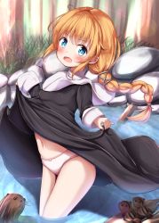 Rule 34 | 1girl, :d, black dress, blonde hair, blue eyes, blush, bow, bow panties, braid, breasts, child, clothes lift, commentary request, day, dress, dress lift, fang, forest, grey ribbon, hair between eyes, hair ribbon, head tilt, highres, lifting own clothes, long hair, long sleeves, looking at viewer, mochiyuki, nature, navel, open mouth, outdoors, panties, ribbon, rock, selka zuberg, sidelocks, single braid, sleeves past wrists, small breasts, smile, solo, sunlight, sword art online, tree, underwear, very long hair, wading, water, white panties