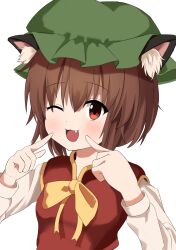 Rule 34 | 1girl, ;3, ;d, absurdres, animal ear fluff, animal ears, blush, bow, bowtie, breasts, brown eyes, brown hair, cat ears, chen, commentary request, fang, fingers to cheeks, gold trim, hair between eyes, hands up, happy, hat, highres, long sleeves, looking at viewer, mob cap, naganegi (yvee2588), one eye closed, open mouth, red vest, short hair, simple background, small breasts, smile, solo, touhou, upper body, vest, white background, yellow bow, yellow bowtie