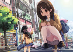 Rule 34 | &gt; &lt;, 6+girls, :o, ahoge, backpack, bag, black footwear, black hair, blood, blush, book, bow, braid, brown eyes, brown hair, building, car, cardigan, cellphone, cellphone charm, charm (object), child, city, claws, closed eyes, crosswalk, day, fallen down, flip phone, from behind, giant, giantess, green hair, groceries, hair bow, hair ribbon, half updo, hands on own knees, highres, holding hands, index finger raised, kneehighs, knees together feet apart, lamppost, len (a-7), loafers, long hair, looking at another, low twintails, miniskirt, motor vehicle, multiple girls, no men, no socks, on ground, open book, open mouth, original, outdoors, panties, people, phone, pink hair, plastic bag, pleated skirt, pointing, power lines, rabbit, randoseru, reading, ribbon, road, rolling suitcase, round teeth, scared, school bag, school uniform, shaded face, shoes, short hair, skirt, socks, spit take, spitting, squatting, storefront, street, stuffed toy, suitcase, sweater, sweater vest, tearing up, tears, teeth, thighhighs, traffic light, tree, twintails, underwear, upskirt, utility pole, white legwear, white panties, zettai ryouiki