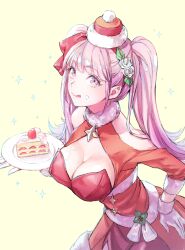 Rule 34 | 1girl, :q, breasts, cake, christmas, clothing cutout, commentary, dress, fire emblem, fire emblem: three houses, fire emblem heroes, flower, food, fur-trimmed headwear, fur collar, fur trim, hat, hilda valentine goneril, hilda valentine goneril (winter), holding, holding cake, holding food, holding plate, large breasts, nintendo, pink eyes, plate, red dress, rose, santa costume, santa hat, shoulder cutout, solo, t misaomaru, tongue, tongue out, upper body, white flower, white rose