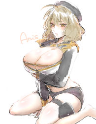 Rule 34 | 1girl, 2tu3tu, absurdres, ahoge, anis (nikke), bad link, bare legs, black headwear, blush, breast hold, breasts, brown hair, cleavage cutout, clothing cutout, goddess of victory: nikke, highres, large breasts, looking at viewer, short shorts, shorts, sitting, solo