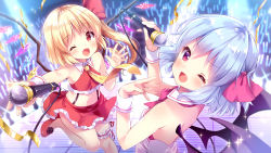 Rule 34 | 2girls, ;d, backless dress, backless outfit, bare shoulders, bat wings, black flower, black rose, black wings, blonde hair, blue hair, blurry, blurry background, blush, bow, commentary request, crop top, crystal, depth of field, dress, fang, fingernails, flandre scarlet, flower, frilled skirt, frills, glowstick, hair between eyes, hair ribbon, holding, holding microphone, irori, long hair, looking at viewer, looking to the side, microphone, midriff, multiple girls, navel, necktie, one eye closed, one side up, open mouth, outstretched arm, pink bow, red eyes, red footwear, red ribbon, red shirt, red skirt, remilia scarlet, ribbon, rose, shirt, shoes, siblings, sisters, skirt, sleeveless, sleeveless shirt, smile, stage, stage lights, standing, standing on one leg, strapless, strapless dress, touhou, white dress, wings, wrist cuffs, yellow neckwear, yellow ribbon
