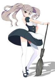 Rule 34 | 1girl, apron, bare shoulders, broom, frills, full body, green hair, hand on own hip, highres, long hair, looking at viewer, maid, maid apron, mary janes, original, pink eyes, pon (shind 997), shadow, shoes, simple background, smile, smirk, smug, solo, thighhighs, tsurime, twintails, white background, white thighhighs, wind, wind lift