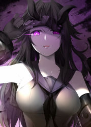 Rule 34 | 10s, 1girl, abyssal ship, black hair, breasts, commentary request, gloves, horns, kantai collection, large breasts, light cruiser princess, long hair, looking at viewer, mask, mask up, open mouth, pale skin, purple eyes, revision, rui shi (rayze ray), school uniform, serafuku, smile, solo, upper body