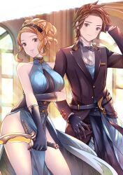 Rule 34 | 1boy, 1girl, bare shoulders, black bow, black gloves, black jacket, black suit, blonde hair, blue dress, bow, braid, breasts, brown hair, cleavage cutout, clothing cutout, collared shirt, covered collarbone, crown braid, dagger, djeeta (granblue fantasy), dress, earrings, formal, gloves, gran (granblue fantasy), granblue fantasy, habutei, highres, holding, holding dagger, holding knife, holding weapon, indoors, jacket, jewelry, knife, large breasts, locked arms, long dress, long hair, looking at viewer, parted lips, shirt, spiked hair, suit, weapon, white shirt