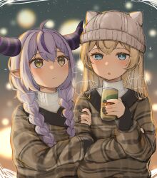 Rule 34 | 2girls, absurdres, ahoge, alternate costume, alternate hairstyle, aqua eyes, black horns, blonde hair, blush, braid, braided bangs, can, cold, grey hair, highres, holding, holding another&#039;s arm, holding can, hololive, horns, kazama iroha, knit hat, la+ darknesss, looking at viewer, multicolored hair, multiple girls, nail polish, open mouth, pointy ears, purple hair, slit pupils, streaked hair, striped horns, sweater, twin braids, virtual youtuber, yoshioka (today is kyou)