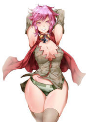 Rule 34 | 1girl, armpits, arms behind head, arms up, blush, breasts, cape, cleavage, cross, curvy, female focus, grin, guderian (milihime taisen), iron cross, kanta (k n t r o), large breasts, milihime taisen, military, military uniform, panties, pink eyes, pink hair, short hair, smile, solo, thighhighs, underwear, uniform, wide hips