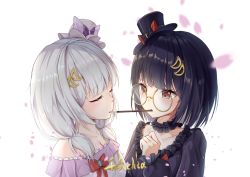 Rule 34 | 2girls, absurdres, black choker, black hair, black headwear, blush, bow, breasts, brown eyes, cherry blossoms, chiya 1589505970, choker, cleavage, closed eyes, collarbone, copyright request, eating, frilled choker, frills, glasses, hair ornament, hand up, hat, highres, incest, looking at another, medium hair, multiple girls, red bow, short hair, simple background, small breasts, virtual youtuber, white background, white hair, white headwear, yuri