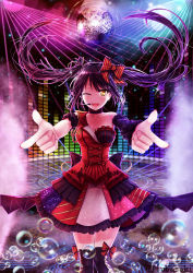 Rule 34 | 1girl, black hair, bow, bubble, clock eyes, date a live, disco ball, dress, closed eyes, highres, idol, light rays, long hair, looking at viewer, microphone, nail polish, one eye closed, pointing, pointing at viewer, red nails, steam, symbol-shaped pupils, thighhighs, tokisaki kurumi, tsubasaki, twintails, yellow eyes
