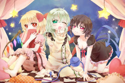 Rule 34 | 3girls, adapted costume, all fours, alternate costume, bad id, bad pixiv id, bare legs, barefoot, bed, black hair, blonde hair, blush, breasts, canopy bed, chikamichi (ssssgirl), cleavage, collarbone, female focus, flandre scarlet, green hair, houjuu nue, komeiji koishi, looking at viewer, multiple girls, no headwear, no headwear, hugging object, pajamas, pillow, pillow hug, red eyes, short hair, small breasts, third eye, touhou, yawning