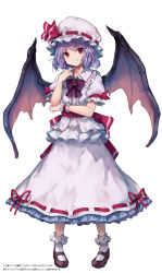 Rule 34 | 1girl, bat wings, black footwear, bobby socks, bow, bowtie, brooch, commentary request, dress, frilled shirt collar, frills, full body, hair between eyes, hand up, hat, hat ribbon, highres, jewelry, light purple hair, looking at viewer, makihitsuji, mary janes, mob cap, nail polish, petticoat, puffy short sleeves, puffy sleeves, red bow, red bowtie, red eyes, red nails, red ribbon, red sash, remilia scarlet, ribbon, ribbon-trimmed dress, sash, shoes, short hair, short sleeves, simple background, smile, socks, solo, standing, touhou, translation request, white background, white dress, white hat, white socks, wings, wrist cuffs