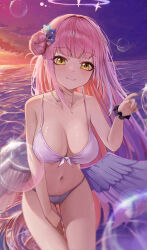 Rule 34 | 1girl, absurdres, angel wings, bare shoulders, bikini, black scrunchie, blue archive, blue flower, blurry, blurry foreground, blush, breasts, cleavage, closed mouth, collarbone, feathered wings, flower, frilled ribbon, frills, front-tie bikini top, front-tie top, glint, hair bun, hair flower, hair ornament, hair ribbon, halo, hand on own leg, highres, hwan (verypoor), index finger raised, large breasts, leaning forward, long hair, looking at viewer, low wings, mika (blue archive), navel, ocean, orange sky, outdoors, pink hair, purple sky, ribbon, scrunchie, single side bun, sky, smile, soap bubbles, solo, stomach, sunset, swimsuit, thighs, very long hair, white bikini, white ribbon, white wings, wings, wrist scrunchie, yellow eyes