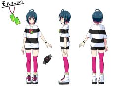 Rule 34 | &gt;:), 1girl, ahoge, asymmetrical legwear, black hair, black shorts, boots, closed mouth, commentary request, hair between eyes, momoda yasuhito, multicolored hair, multiple views, original, pink hair, pink thighhighs, shirt, short hair, short shorts, shorts, simple background, smile, standing, striped clothes, striped shirt, thighhighs, translation request, turnaround, two-tone hair, uneven legwear, v-shaped eyebrows, white background, white footwear