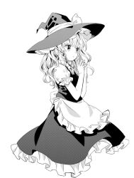 Rule 34 | 1girl, ama-tou, apron, bow, braid, collar, dress, eyelashes, fingernails, frills, from side, greyscale, hair ribbon, hat, hat bow, highres, kirisame marisa, long hair, looking away, monochrome, own hands clasped, own hands together, puffy sleeves, ribbon, short sleeves, simple background, solo, touhou, waist apron, wavy hair, white background, witch hat