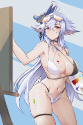 Rule 34 | 1girl, absurdres, azur lane, black choker, blue hair, breasts, canvas (object), choker, collarbone, eyewear on head, fox girl, fox hair ornament, fox mask, highres, kongbai huanxiang, large breasts, long hair, mask, navel, orange eyes, paint on body, painting (action), palette (object), swimsuit, tosa (azur lane), tosa (hometown zest) (azur lane)