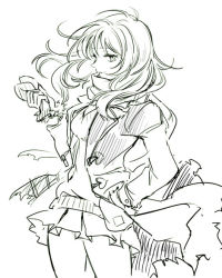 Rule 34 | 1girl, coat, coppelion, cowboy shot, curly hair, gloves, green theme, greyscale, hand on own hip, long hair, miniskirt, monochrome, ozu kanon, penki, pleated skirt, scarf, sketch, skirt, smile, solo, standing, sweater vest, wind