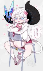 1girl animal_ears asymmetrical_horns big_belly black_horns blue_eyes breasts broken_horn choker cow_ears cow_girl cow_horns cow_tail crystal crystal_horns ear_tag highres horns huge_horns large_breasts mato_tsuyoi mismatched_horns opal_(gemstone) oppai_loli original outie_navel pregnant school_uniform simple_background tail white_background white_hair yamada_vanhouten_(mato_tsuyoi)