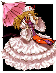 Rule 34 | 1girl, blonde hair, chiki (botugo), covering face, covering own mouth, covering privates, dress, female focus, folding fan, frills, hand fan, hat, long hair, long sleeves, looking at viewer, ribbon, solo, tabard, touhou, umbrella, yakumo yukari
