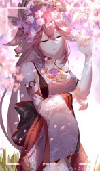 Rule 34 | 1girl, absurdres, arm under breasts, arm up, blush, branch, breasts, cherry blossoms, closed eyes, closed mouth, commentary, detached sleeves, feet out of frame, floral print, flower, genshin impact, grass, hair between eyes, hair flaps, hair ornament, headgear, highres, holding, holding flower, japanese clothes, jewelry, long hair, looking at viewer, medium breasts, nai pizx, necklace, nontraditional miko, one eye closed, parted lips, pink hair, print sleeves, purple eyes, ribbon-trimmed sleeves, ribbon trim, simple background, solo, standing, tassel, turtleneck, twitter username, very long hair, vision (genshin impact), white background, white flower, wide sleeves, yae miko