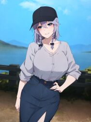 Rule 34 | 1girl, absurdres, alternate costume, baseball cap, black hat, blue eyes, blue sky, braid, breasts, casual, commentary, contemporary, english commentary, grey hair, grey shirt, hand on own hip, hat, highres, izayoi sakuya, jewelry, large breasts, looking at viewer, medium hair, outdoors, parted lips, ring, shirt, side braids, sky, smile, solo, touhou, twin braids, umisaki