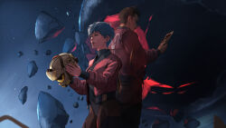 Rule 34 | 1boy, 1girl, apex legends, assault visor, black pants, black sweater, brown hair, card, facial hair, father and daughter, grey hair, hair behind ear, helmet, highres, holding, holding card, holding helmet, ifragmentix, jacket, looking down, moon, mustache, pants, red jacket, short hair, space, sweater, titanfall (series), titanfall 2, valkyrie (apex legends), viper (titanfall 2)