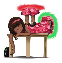 Rule 34 | 1girl, brown hair, dark skin, dark-skinned female, dress, closed eyes, female focus, hairband, highres, lying, massage, on stomach, portal (object), sandals, simple background, smile, solo, table, white background