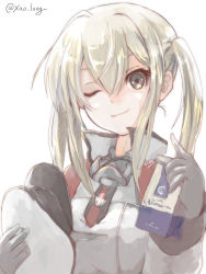 Rule 34 | 1girl, black gloves, blonde hair, capelet, chicken99, commentary request, cross, gloves, graf zeppelin (kancolle), grey eyes, hair between eyes, hat, highres, iron cross, kantai collection, long hair, looking at viewer, military, military hat, military uniform, one eye closed, peaked cap, sidelocks, smile, solo, twintails, uniform, unworn hat, unworn headwear, upper body, white hat