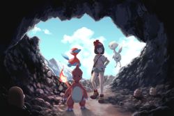 Rule 34 | 1girl, bag, bare legs, beanie, bracelet, cave, charmeleon, cloud, commentary request, creatures (company), day, diglett, flame-tipped tail, floral print, game freak, gen 1 pokemon, gen 2 pokemon, green shorts, hand on own hip, hat, jewelry, mk (mikka), nintendo, pokemon, pokemon (creature), pokemon sm, porygon2, red headwear, selene (pokemon), shirt, shoes, short hair, short shorts, short sleeves, shorts, shoulder bag, sneakers, swept bangs, tied shirt, togetic, z-ring
