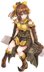 Rule 34 | 1girl, black cape, boots, bow, breasts, brown dress, brown footwear, brown hair, cape, delthea (fire emblem), dress, fang, fang out, fire emblem, fire emblem echoes: shadows of valentia, full body, fuussu (21-kazin), hair between eyes, hair bow, high ponytail, long hair, nintendo, short dress, simple background, sitting, sleeveless, sleeveless dress, small breasts, solo, white background, yellow bow, yellow eyes