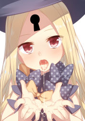 Rule 34 | 1girl, abigail williams (fate), abigail williams (second ascension) (fate), black hat, blonde hair, bow, cum, cum in mouth, cum on hands, cupping hands, eyes visible through hair, fate/grand order, fate (series), hat, head tilt, keyhole, long hair, looking at viewer, open mouth, orange bow, own hands together, parted bangs, polka dot, polka dot bow, racer (magnet), red eyes, simple background, solo, tongue, tongue out, upper body, white background