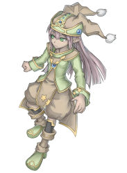 Rule 34 | 1girl, baggy pants, boots, clenched hand, dark skin, dark-skinned female, full body, gnome (mon-musu quest!), green eyes, hat, mon-musu quest!, pants, pointy ears, purutoppu (toranohige), simple background, solo, white background