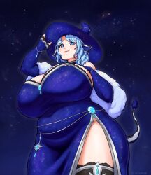 Rule 34 | + +, 1girl, animal ears, belly, blue dress, blue eyes, blue hair, breasts, bridal gauntlets, cleavage, covered navel, cow ears, cow girl, cow horns, cow tail, dress, earrings, from below, gigantic breasts, hat, highres, horn ornament, horns, indie virtual youtuber, jewelry, miilkywayz, mole, mole under eye, mole under mouth, night, night sky, plump, side slit, signature, sky, smile, solo, space print, star (sky), starry sky, starry sky print, startums, stole, tail, thighhighs, virtual youtuber, witch hat