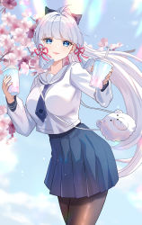 Rule 34 | 1girl, absurdres, ahoge, animal bag, ayaka (genshin impact), bag, black pantyhose, blue eyes, blue necktie, blue skirt, blue sky, blunt tresses, bow, breasts, cherry blossoms, closed mouth, cowboy shot, cup, day, disposable cup, drink, floating hair, genshin impact, gher5555, hair bow, hair ribbon, highres, holding, holding drink, kamisato ayaka (heytea), large breasts, lips, long hair, long sleeves, looking at viewer, mole, mole under eye, necktie, outdoors, pantyhose, pleated skirt, ponytail, red ribbon, ribbon, sailor collar, school uniform, serafuku, shoulder bag, skirt, sky, smile, solo, thighs, tree, tress ribbon, very long hair, white bag, white hair, white sailor collar