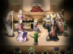 Rule 34 | 6+boys, 6+girls, baton, conductor baton, blonde hair, blue eyes, brown hair, cape, cello, double bass, drum, earrings, closed eyes, flute, ganondorf, gloves, green hair, hairband, harp, hat, highres, instrument, jewelry, link, long hair, marimba, midna, midna (true), multiple boys, multiple girls, multiple persona, nintendo, organ (instrument), pointy ears, princess zelda, red eyes, reverse trap, saria (zelda), sheik, spoilers, super smash bros., the legend of zelda, the legend of zelda: four swords, the legend of zelda: ocarina of time, the legend of zelda: skyward sword, the legend of zelda: spirit tracks, the legend of zelda: the wind waker, the legend of zelda: twilight princess, timpani, toon link, toon zelda, trumpet, violin, wasabi (legemd), xylophone, young link