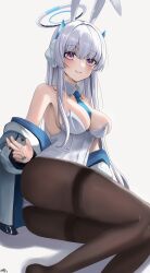 Rule 34 | 1girl, absurdres, animal ears, black pantyhose, blue archive, blue necktie, blush, breasts, detached collar, fake animal ears, grey hair, grin, halo, highres, jacket, large breasts, leotard, long hair, long sleeves, looking at viewer, mechanical halo, miruku pan, necktie, noa (blue archive), pantyhose, purple eyes, rabbit ears, signature, simple background, smile, solo, strapless, strapless leotard, white background, white jacket, white leotard