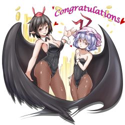 Rule 34 | 2girls, alternate costume, arms at sides, bat wings, black hair, breasts, brown legwear, captain nagase, colored eyelashes, congratulations, feathered wings, fishnet pantyhose, fishnets, hair between eyes, hand on own chest, hat, highres, jitome, large breasts, large wings, leotard, light purple hair, mob cap, multiple girls, nagase taii, off shoulder, pantyhose, playboy bunny, pointy ears, red eyes, remilia scarlet, serious, shameimaru aya, short hair, sideboob, simple background, small breasts, tokin hat, touhou, unmoving pattern, wings, wrist cuffs