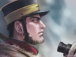 Rule 34 | 1boy, beard stubble, buzz cut, facial hair, from side, golden kamuy, hat, kepi, long sideburns, looking ahead, male focus, mature male, military hat, nopinzo, portrait, scope, serious, short hair, sideburns, solo, stubble, tanigaki genjirou, thick eyebrows, very short hair