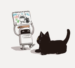 Rule 34 | ^ ^, absurdres, avogado6, black cat, cat, child&#039;s drawing, closed eyes, commentary request, crayon, closed eyes, highres, holding, holding sign, no humans, non-humanoid robot, original, robot, sign, simple background, smile, white background