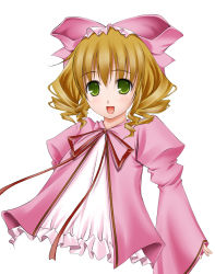 Rule 34 | 00s, 1girl, blonde hair, bow, dress, drill hair, green eyes, hair bow, hinaichigo, looking at viewer, neck ribbon, puffy sleeves, ribbon, ribucci, rozen maiden, short hair, simple background, sleeves past wrists, smile, solo